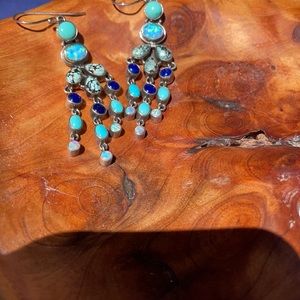 Turquoise, Opal & Lapis Silver Earrings